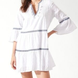 TOMMY BAHAMA Women's XS White Blue Cotton Embroidered Coverup Mini Dress Tassels